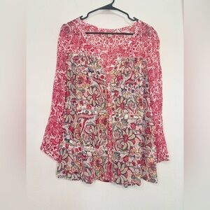 LUCKY BRAND BOHO PRINTED FLOWY LIGHTWEIGHT BUTTON UP BLOUSE SZ LARGE
